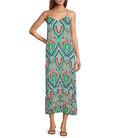 Skies Are Blue Printed V-Neck Sleeveless Pleated Maxi Dress