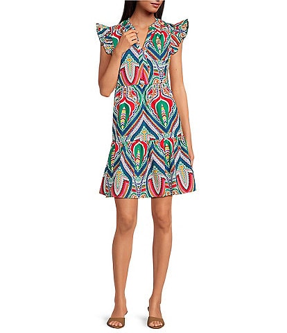 Skies Are Blue Printed Woven Split V-Neck Cap Sleeves Ruffle Tiered Babydoll Dress