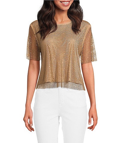 Skies Are Blue Rhinestone Mesh Scoop Neck Short Sleeve Top