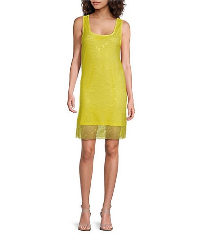 Skies Are Blue Rhinestone Mesh Scoop Neck Sleeveless Tank Mini Dress