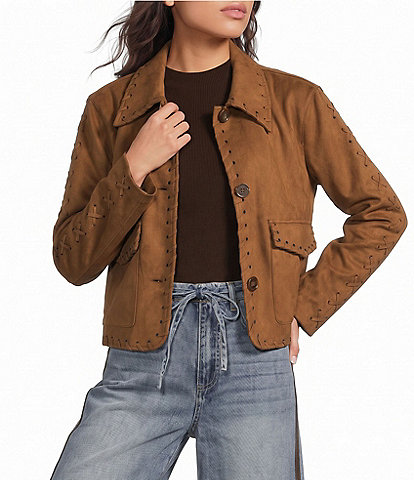 Skies Are Blue Saddle Stitch Faux Suede Collared Long Sleeve Button Front Jacket
