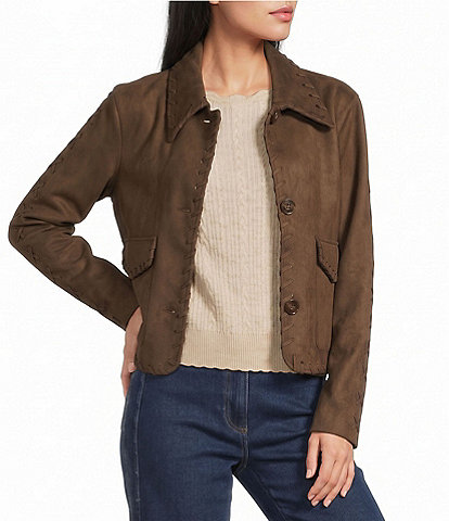 Skies Are Blue Saddle Stitch Faux Suede Collared Long Sleeve Button Front Jacket