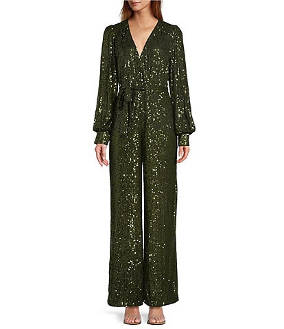 Skies Are Blue Sequin Wrap Tie V-Neck Long Sleeve Wide Leg Jumpsuit