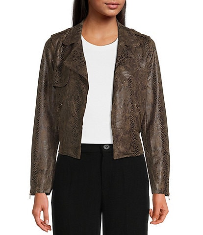 Skies Are Blue Soft Faux Suede Snake Print Notch Lapel Long Sleeve Open Front Moto Statement Jacket