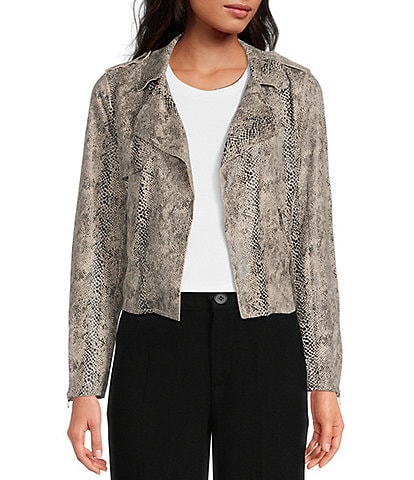Skies Are Blue Soft Faux Suede Snake Print Notch Lapel Long Sleeve Open Front Moto Statement Jacket