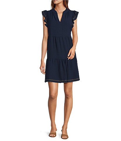 Skies Are Blue Split V-Neck Ruffle Cap Sleeve Tiered Dress