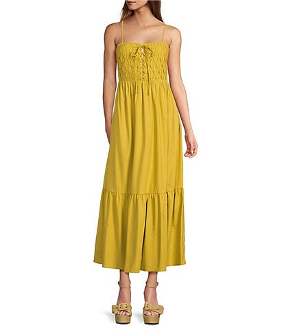 Skies Are Blue Square Neck Smocked Bodice Midi Dress