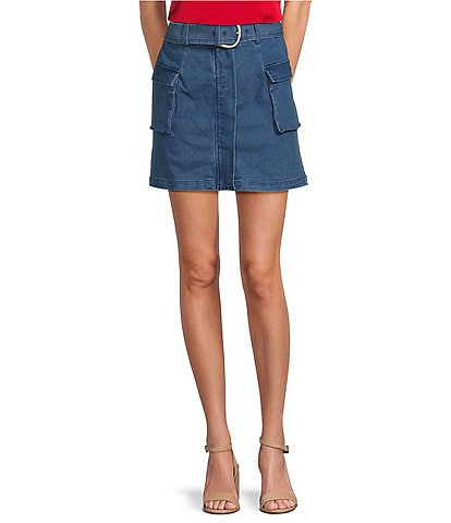 Skies Are Blue Stretch Denim Belted Cargo Mini Skirt