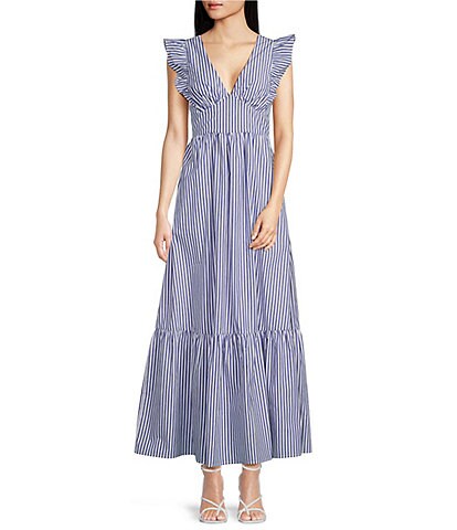Skies Are Blue Stripe Plunging V-Neck Self Tie Back Detail Ruffle Cap Sleeve Empire Waist A-Line Maxi Dress