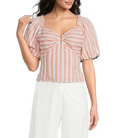 Skies Are Blue Stripe Print Sweetheart Neck Short Bubble Sleeve Coordinating Top