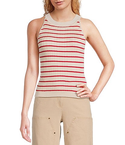 Skies Are Blue Striped Rib Knit High Neck Sleeveless Top