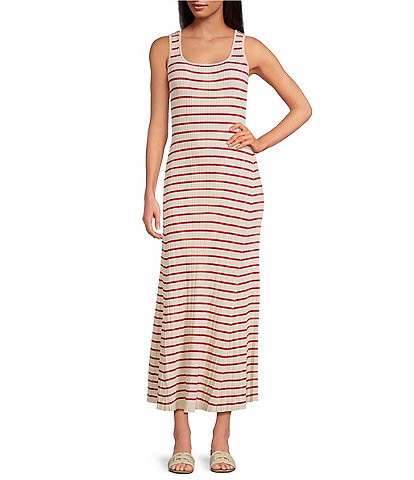 Skies Are Blue Striped Rib Knit Square Neck Sleeves Sheath Maxi Dress