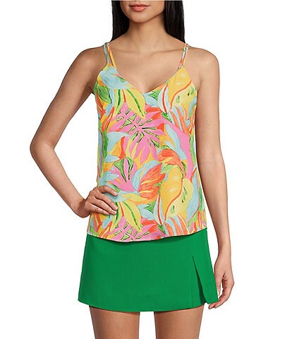 Skies Are Blue Tropical Print V-Neck Sleeveless Double Strap Cami