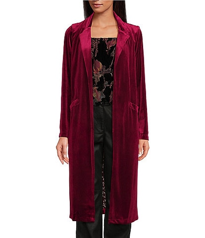 Skies Are Blue Velvet Notch Lapel Long Sleeve Duster Coat