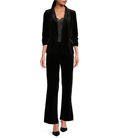 Skies Are Blue Velvet Notch Lapel Open Front 3/4 Ruched Sleeve Blazer & Coordinating High Waisted Wide Leg Pants