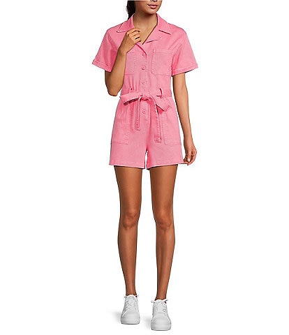 Skies Are Blue Washed Cotton Twill Notch Collar Short Sleeve Button Front Belted Romper