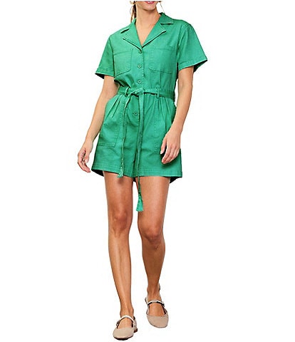 Skies Are Blue Washed Cotton Twill Notch Collar Short Sleeve Button Front Belted Romper