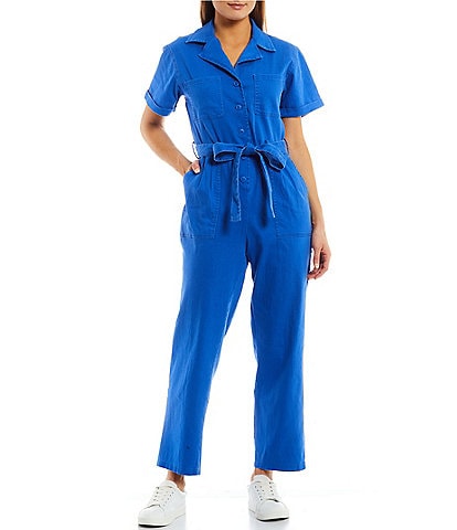 Skies Are Blue Washed Notch Collar Cuffed Short Sleeve Button Front Belted Utility Jumpsuit