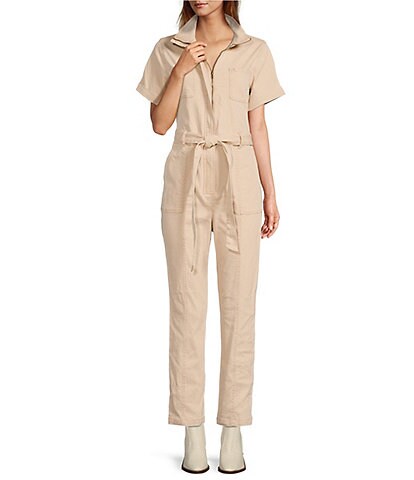 Skies Are Blue Wing Collar Short Cuffed Sleeve Hidden Zipper Front Belted Utility Jumpsuit