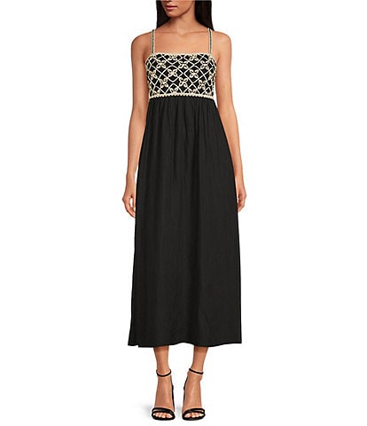 Skies Are Blue Woven Embroidered Top Square Neck Sleeveless Maxi Dress