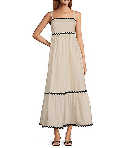 Skies Are Blue Woven Poplin Square Neck Ric Rac Trim Sleeveless Tiered Maxi Dress