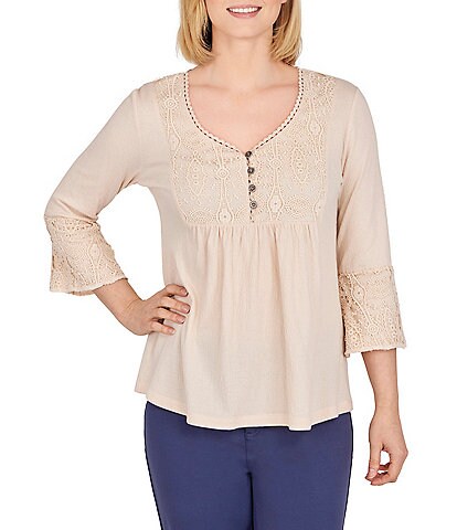 Skye's The Limit Crinkled Knit Lace Scoop Neckline 3/4 Lace Embellished Bell Cuff Sleeve Top