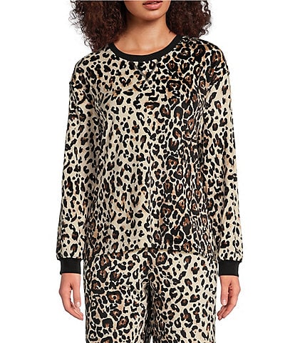 Sleep Sense Animal Print Velour Long Sleeve Crew Neck Coordinating Sleep Top