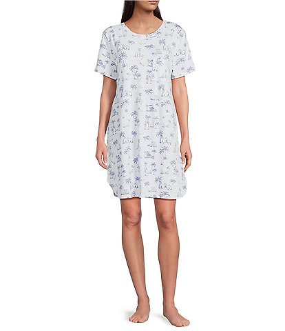 Sleep Sense Beach Toile Short Sleeve Crew Neck Chest Pocket Knit Nightgown