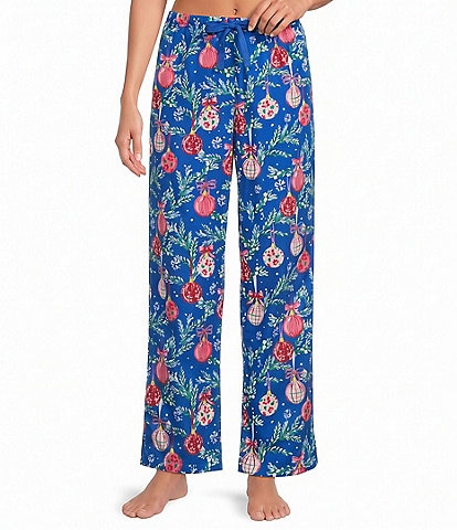 Sleep Sense Blue Ornament Print Flannel Drawstring Tie Coordinating Holiday Sleep Pants