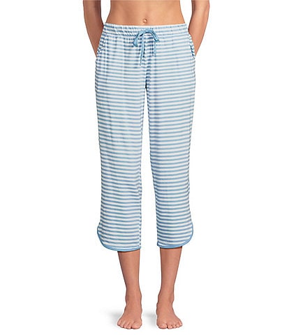 Sleep Sense Blue Stripe Print Coordinating Knit Cropped Sleep Pants