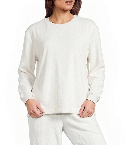 Sleep Sense Cable Knit Print Velour Long Sleeve Crew Neck Coordinating Sleep Top