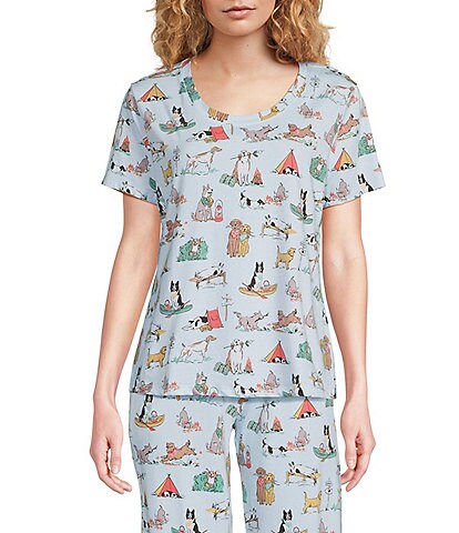 Sleep Sense Camping Dogs Print Short Sleeve Scoop Neck Knit Coordinating Sleep Top