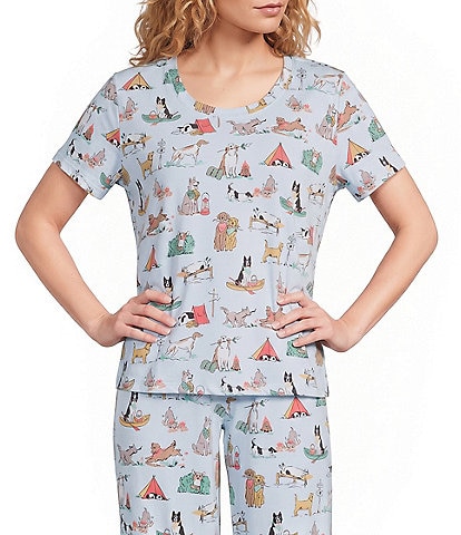 Sleep Sense Camping Dogs Print Short Sleeve Scoop Neck Knit Coordinating Sleep Top