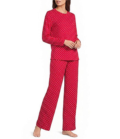 Sleep Sense Christmas Polka Dot Print Long Sleeve Crew Neck Knit Pajama Set