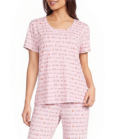 Sleep Sense Coffee Script Print Short Sleeve Scoop Neck Knit Coordinating Sleep Top