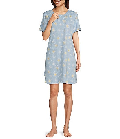 Sleep Sense Dandelions Print Short Sleeve Crew Neck Knit Nightgown