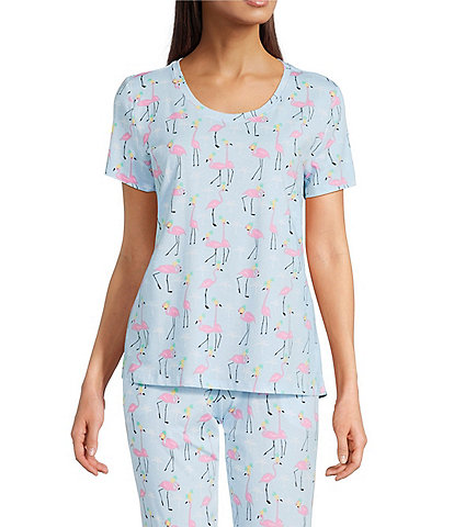 Sleep Sense Flamingo Print Short Sleeve Scoop Neck Coordinating Sleep Top