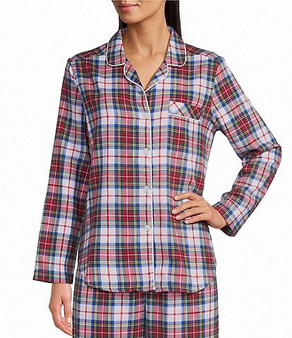 Sleep Sense Flannel Long Sleeve Notch Collar Coordinating Button Front Holiday Sleep Top