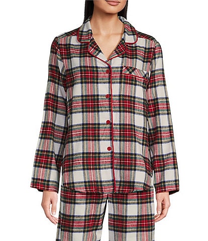 Sleep Sense Flannel Plaid Long Sleeve Notch Collar Coordinating Button Front Holiday Sleep Top