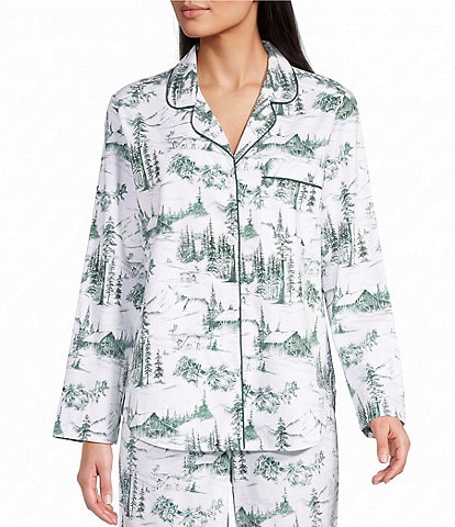 Sleep Sense Green Toile Print Flannel Long Sleeve Notch Collar Coordinating Button-Front Holiday Sleep Top