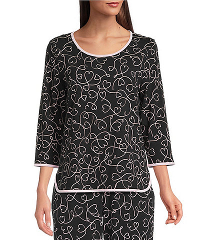 Sleep Sense Heart Print Scoop Neck 3/4 Sleeve Knit Coordinating Sleep Top