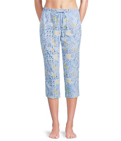 Sleep Sense Knit Patchwork Floral Print Drawstring Tie Coordinating Sleep Capri