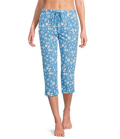 Sleep Sense Knit Seashell Print Drawstring Tie Coordinating Sleep Capri