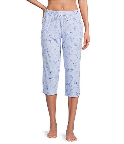 Sleep Sense Knit Songbird Print Drawstring Tie Coordinating Sleep Capri