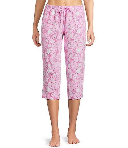 Sleep Sense Knit Summer Shell Print Drawstring Tie Coordinating Sleep Capri Pants
