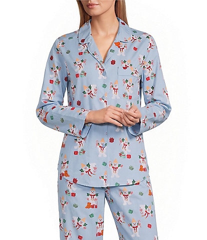 Sleep Sense Mr Bingle Print Woven Twill Long Sleeve Notch Collar Button-Front Coordinating Sleep Shirt