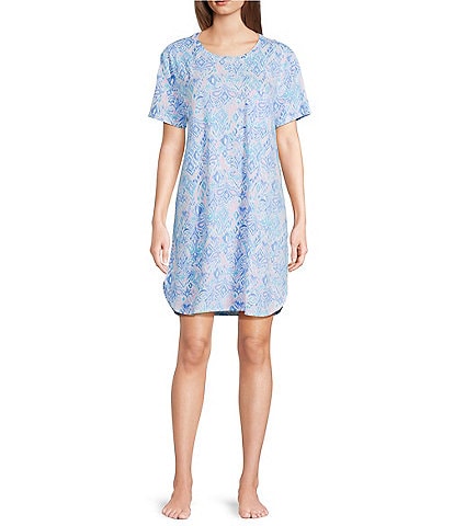 Sleep Sense Multi Ikat Short Sleeve Crew Neck Chest Pocket Knit Nightgown