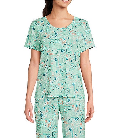Sleep Sense Patchwork Print Short Sleeve Scoop Neck Knit Coordinating Sleep Top