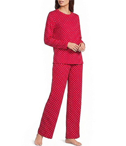 Sleep Sense Petite Size Polka Dot Print Long Sleeve Crew Neckline Knit Pajama Set