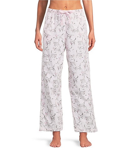 Sleep Sense Pink Cat Print Woven Twill Drawstring Tie Coordinating Sleep Pants